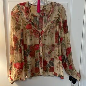 Sezane Floral Sheer Button-Up Blouse in Cream and Red